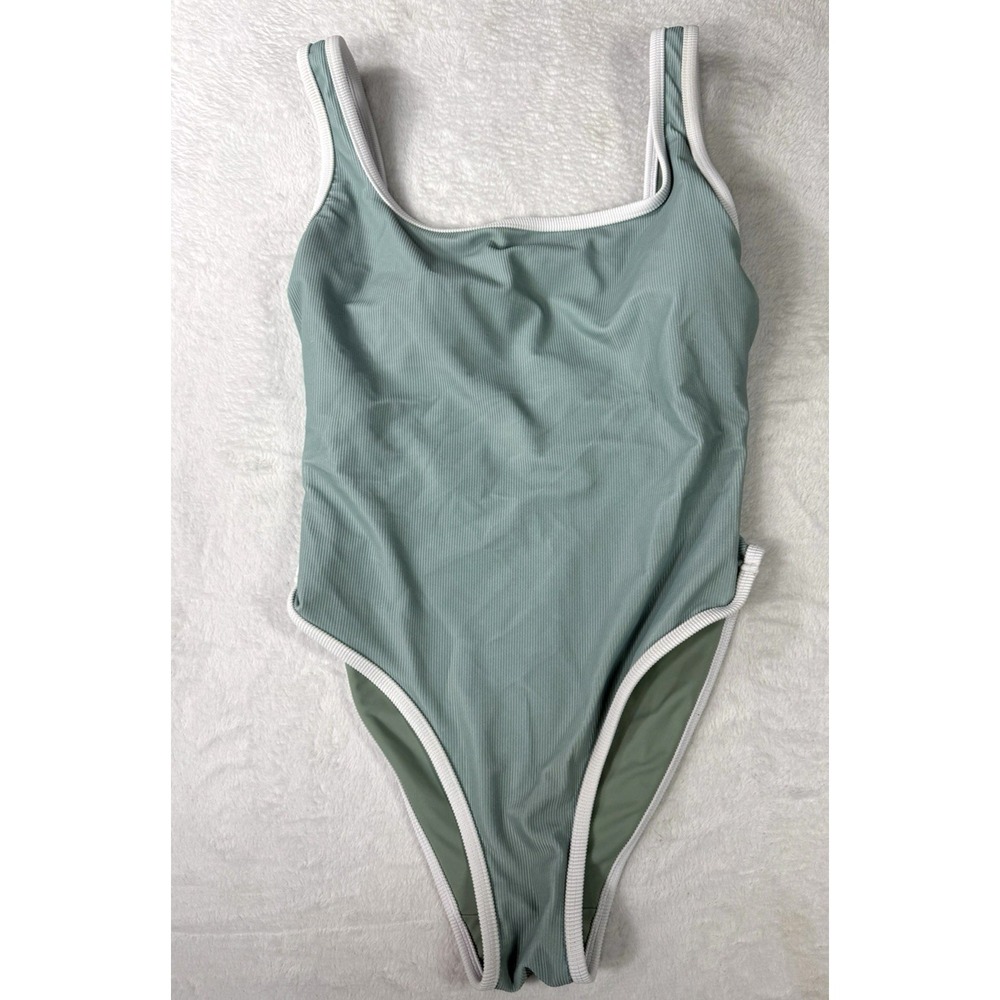 Lain Snow Ocean Isle Swimsuit Womens Large Sage Green Ribbed One Piece Made USA